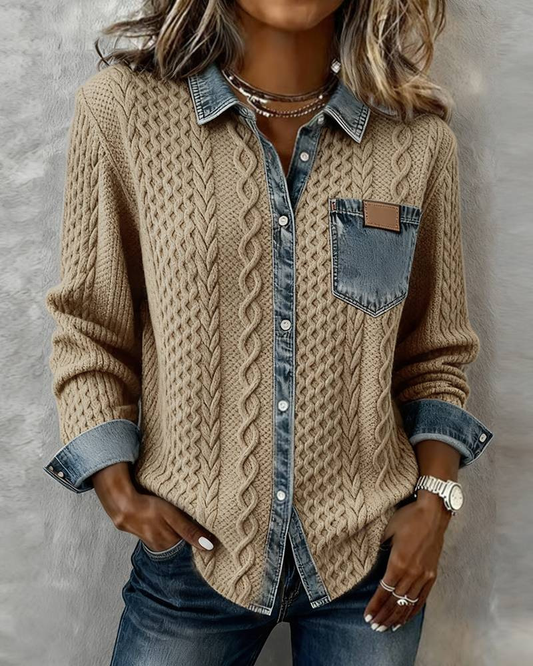 Knitwear: Women With Collar Patchwork Button-Down Knitwear