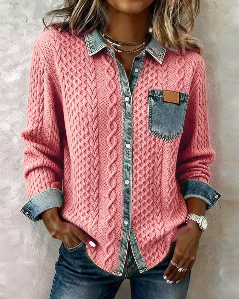 Knitwear: Women With Collar Patchwork Button-Down Knitwear