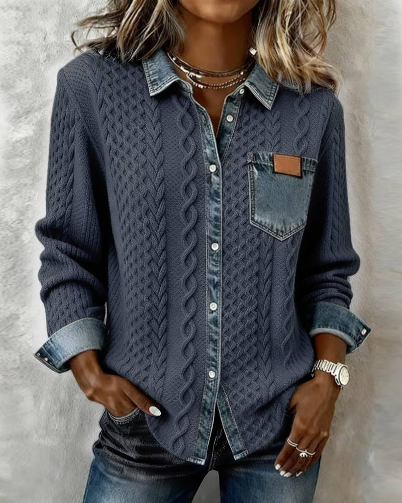 Knitwear: Women With Collar Patchwork Button-Down Knitwear