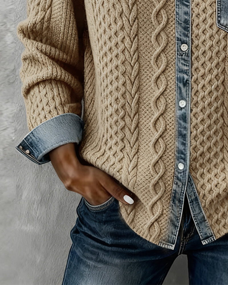 Knitwear: Women With Collar Patchwork Button-Down Knitwear