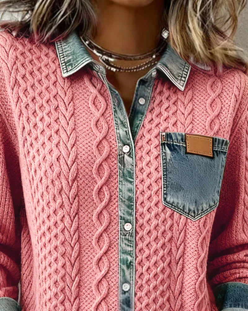 Knitwear: Women With Collar Patchwork Button-Down Knitwear
