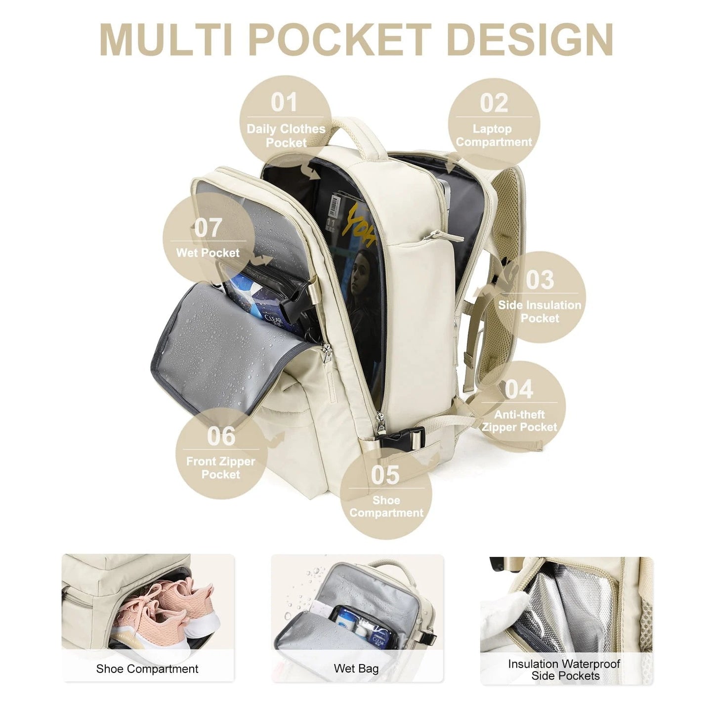 Large Women's Travel Bag Waterproof Hiking Backpack – 35L Multifunction