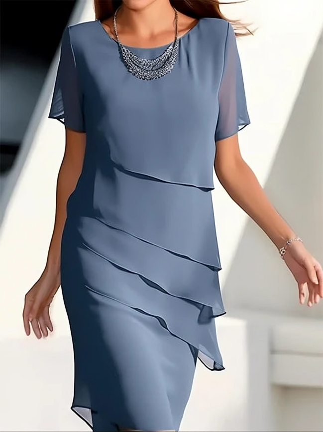 Layered Midi Dress - Elegant & Chic - Short Sleeves