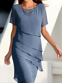 Layered Midi Dress - Elegant & Chic - Short Sleeves