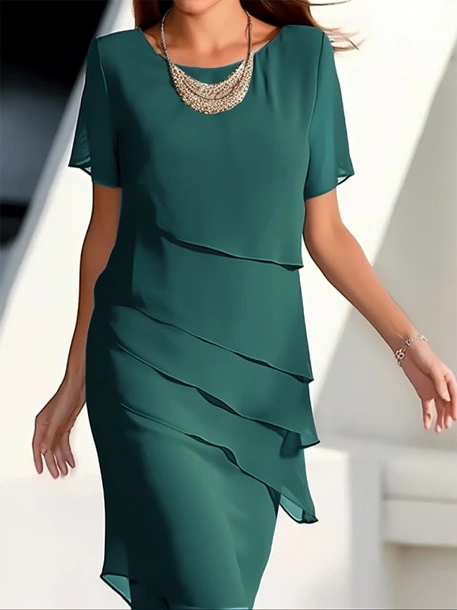 Layered Midi Dress - Elegant & Chic - Short Sleeves