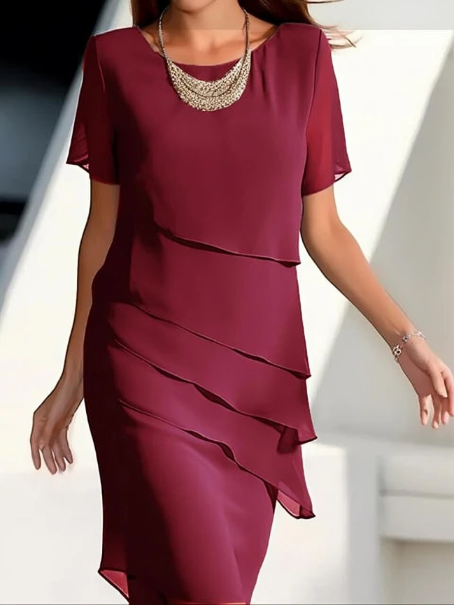 Layered Midi Dress - Elegant & Chic - Short Sleeves