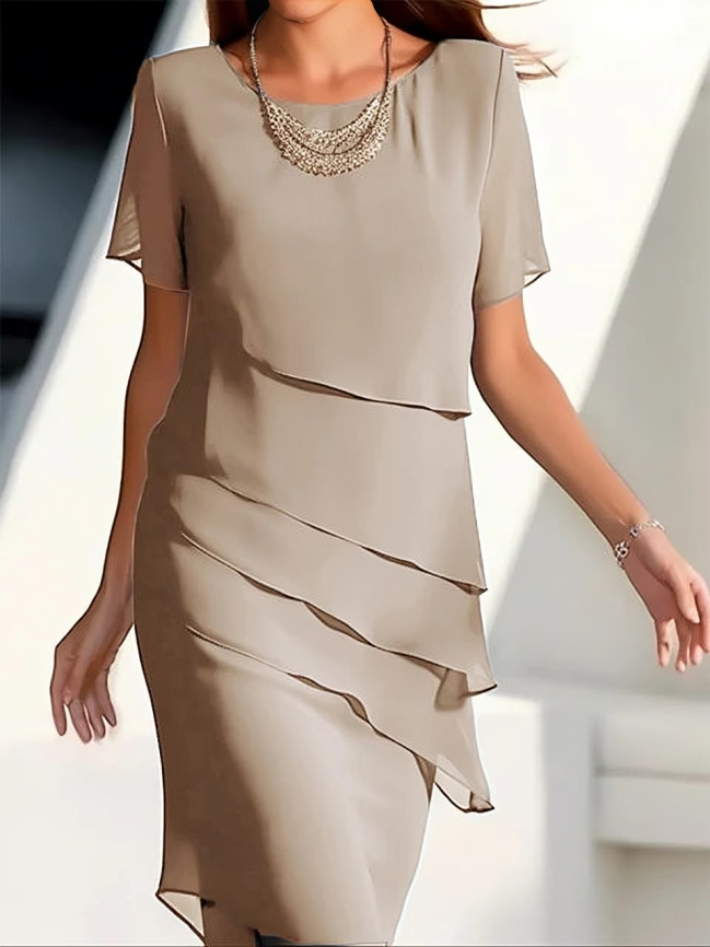 Layered Midi Dress - Elegant & Chic - Short Sleeves