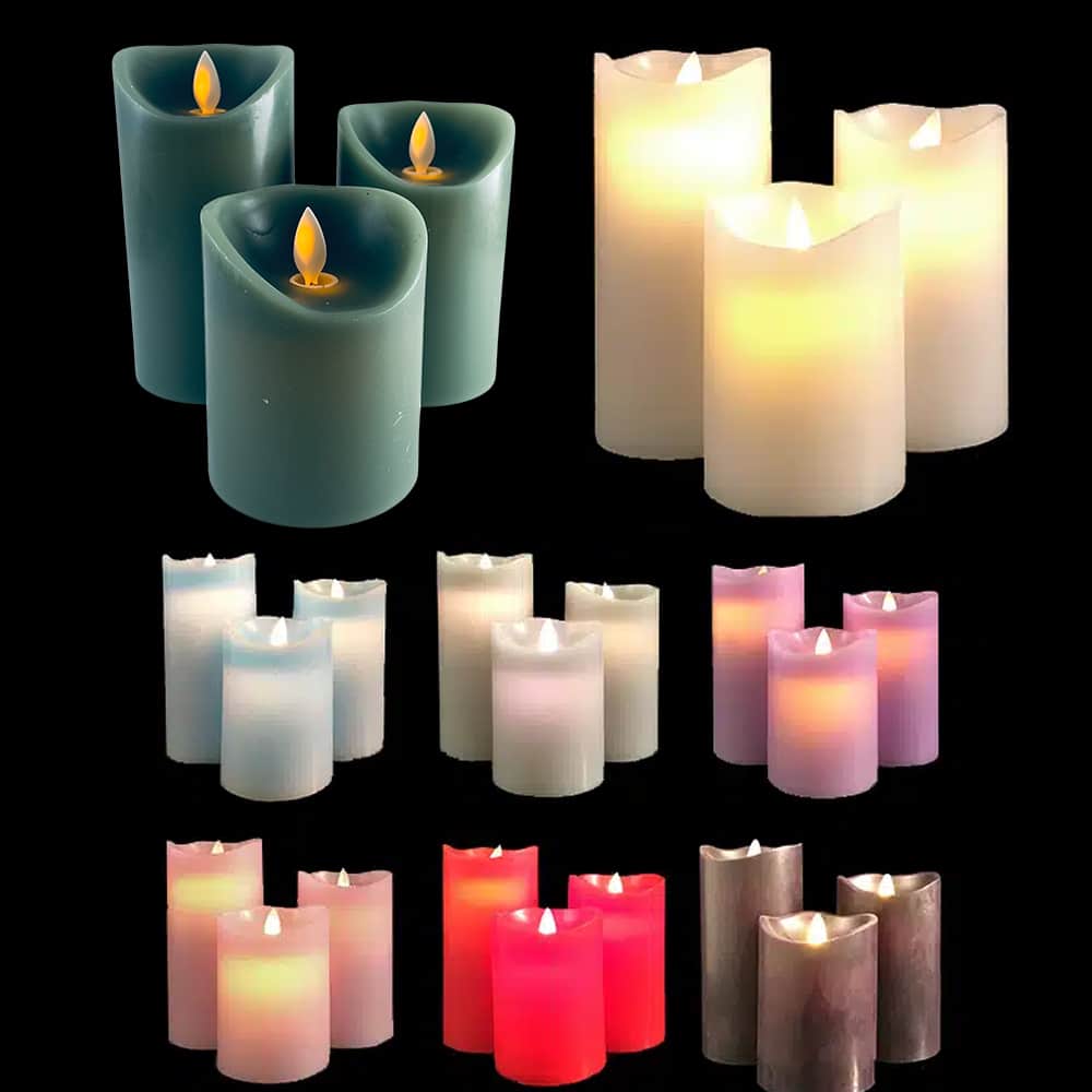LED block candles - 3 pcs. - 12/15/17 cm - with 3D flame - (Multiple colors)