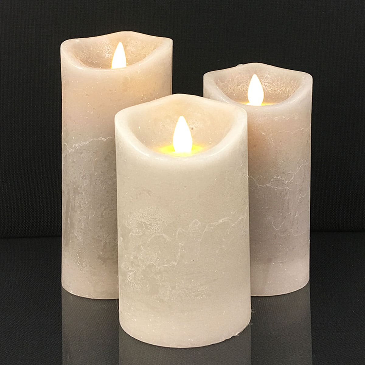 LED block candles - RUSTIC - 3 pcs. - 10/12.5/15 cm - with 3D flame - (multiple colors)