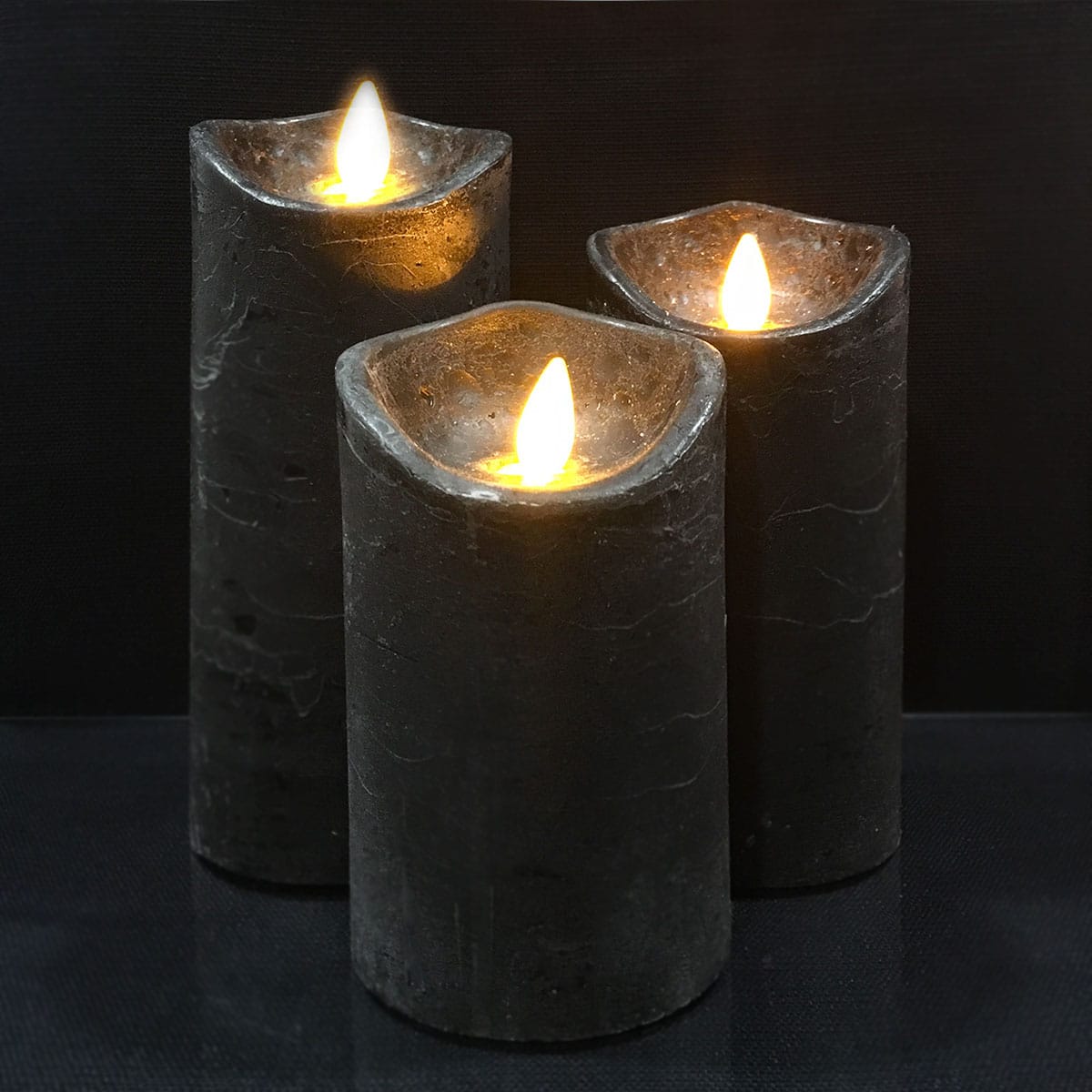 LED block candles - RUSTIC - 3 pcs. - 10/12.5/15 cm - with 3D flame - (multiple colors)