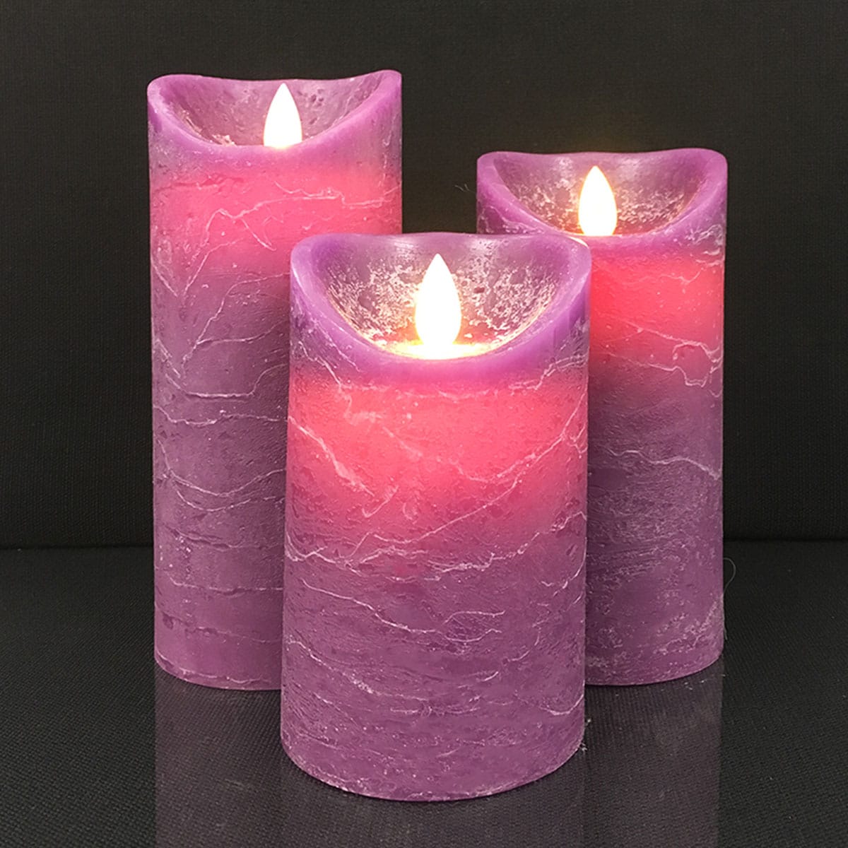 LED block candles - RUSTIC - 3 pcs. - 10/12.5/15 cm - with 3D flame - (multiple colors)