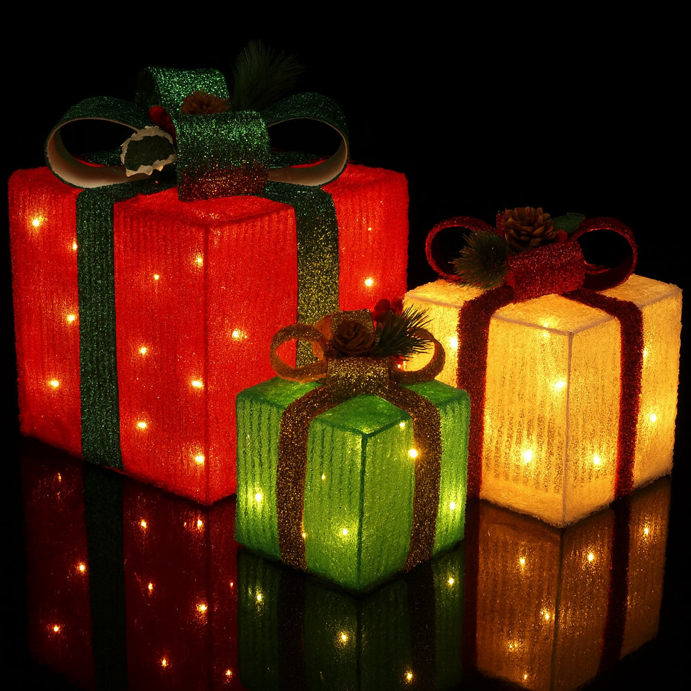 LED Lighted Gift Boxes - Set of 3 - Red, Green & Yellow