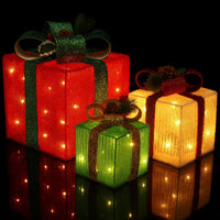 LED Lighted Gift Boxes - Set of 3 - Red, Green & Yellow