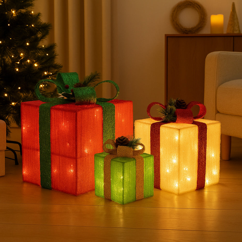 LED Lighted Gift Boxes - Set of 3 - Red, Green & Yellow