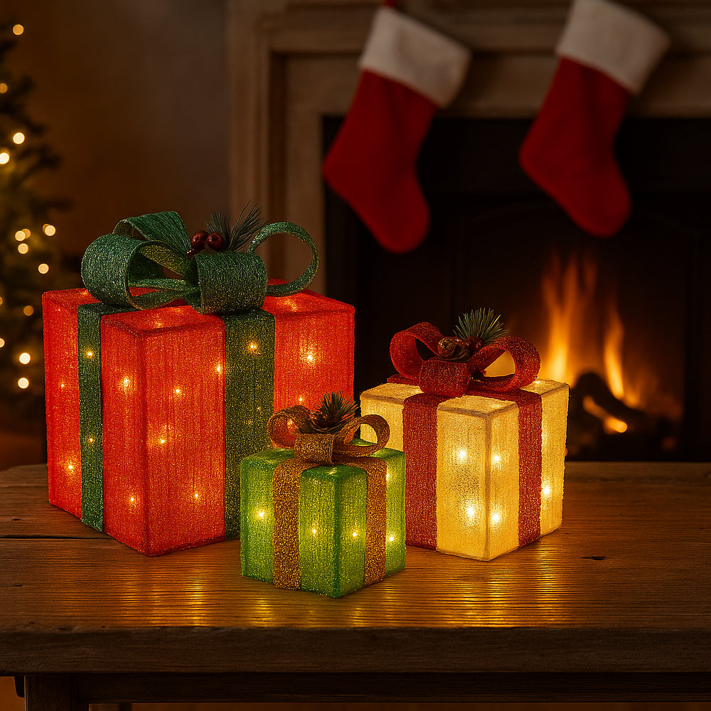 LED Lighted Gift Boxes - Set of 3 - Red, Green & Yellow