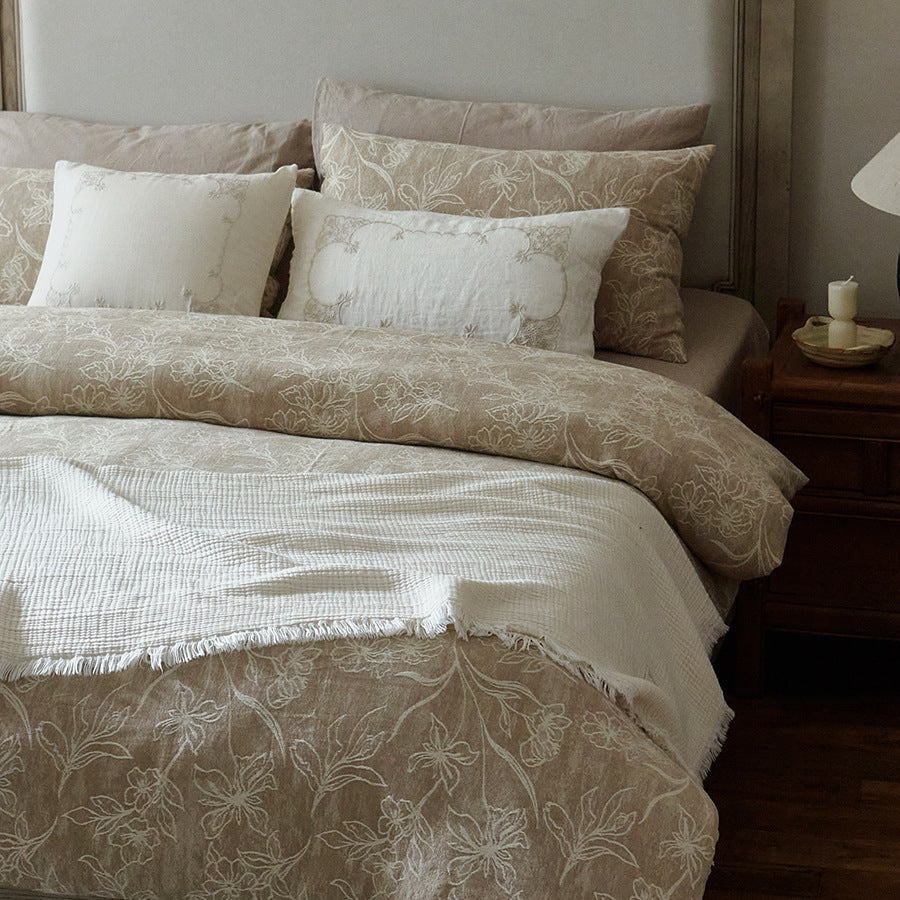 Linen-Cotton Bedding Set with Floral Jacquard and Textured Bedspread