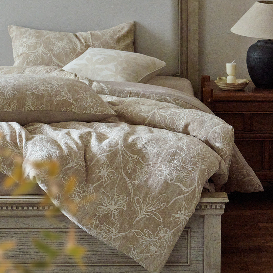 Linen-Cotton Bedding Set with Floral Jacquard and Textured Bedspread