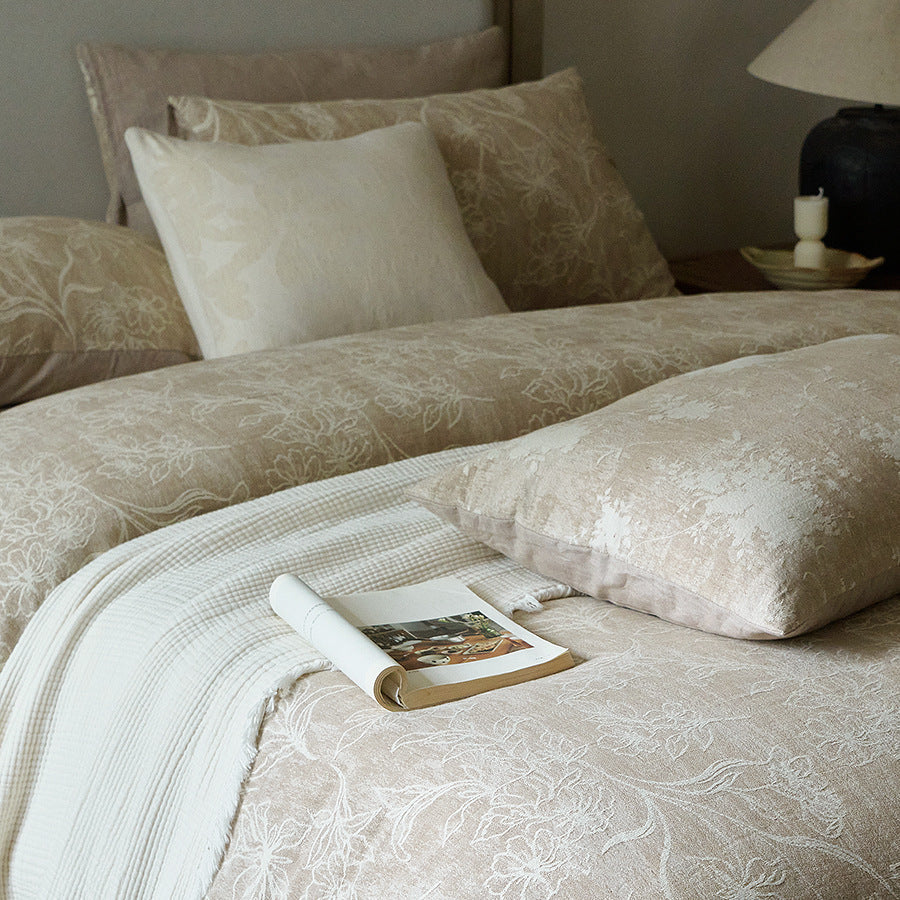 Linen-Cotton Bedding Set with Floral Jacquard and Textured Bedspread