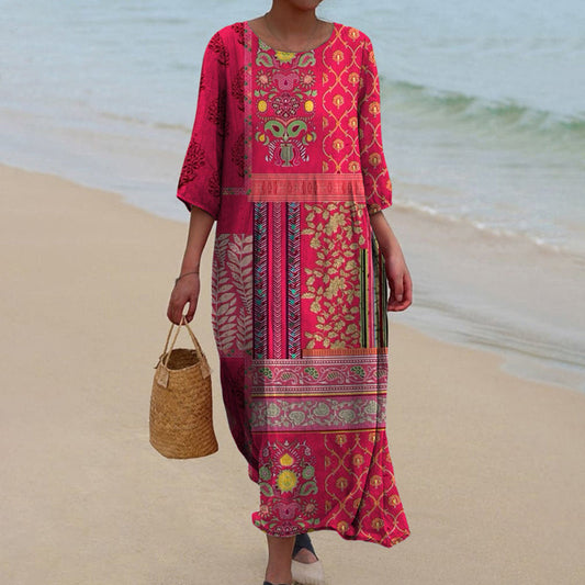 Long Bohemian Dress - Ethnic Red - Fluid Maxi