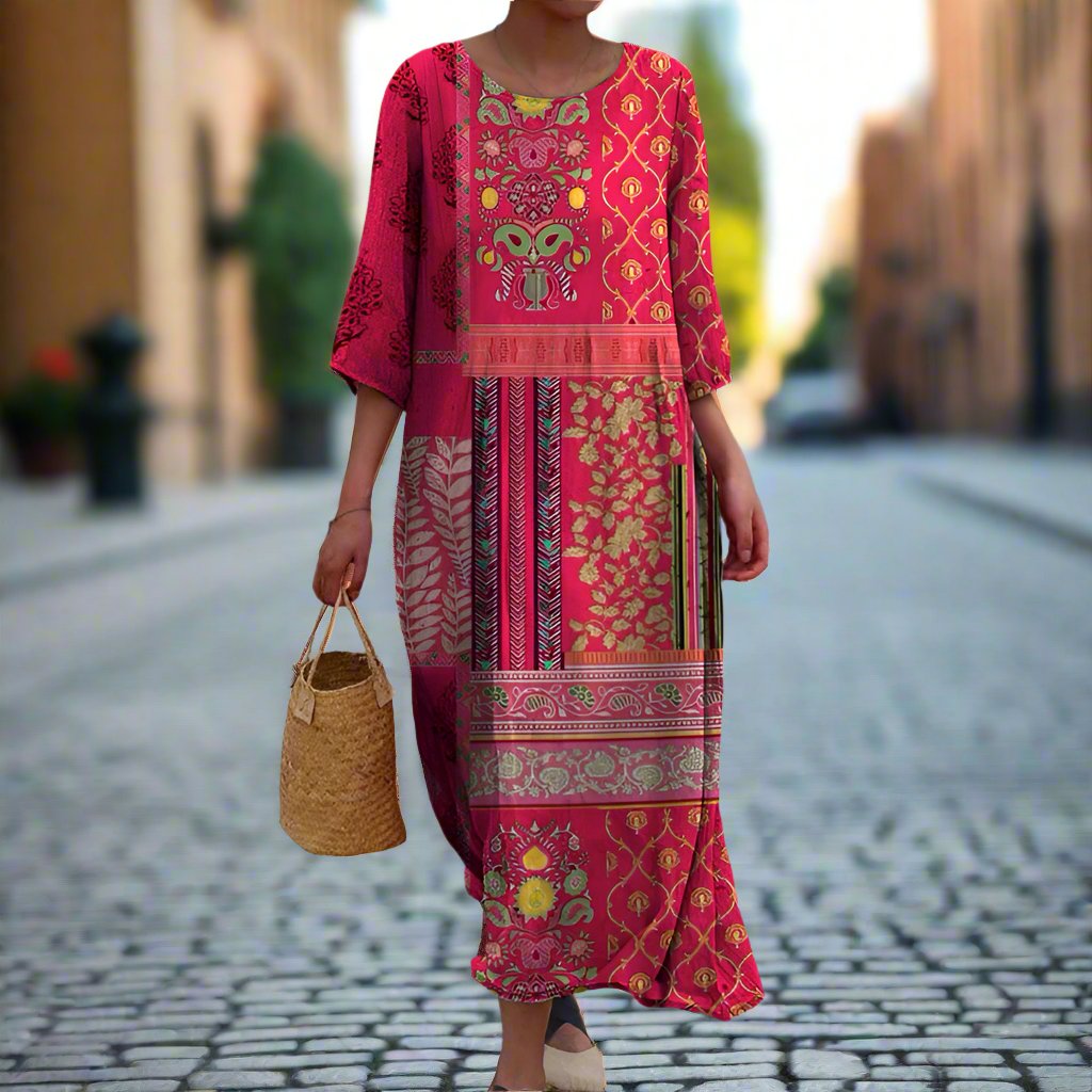 Long Bohemian Dress - Ethnic Red - Fluid Maxi