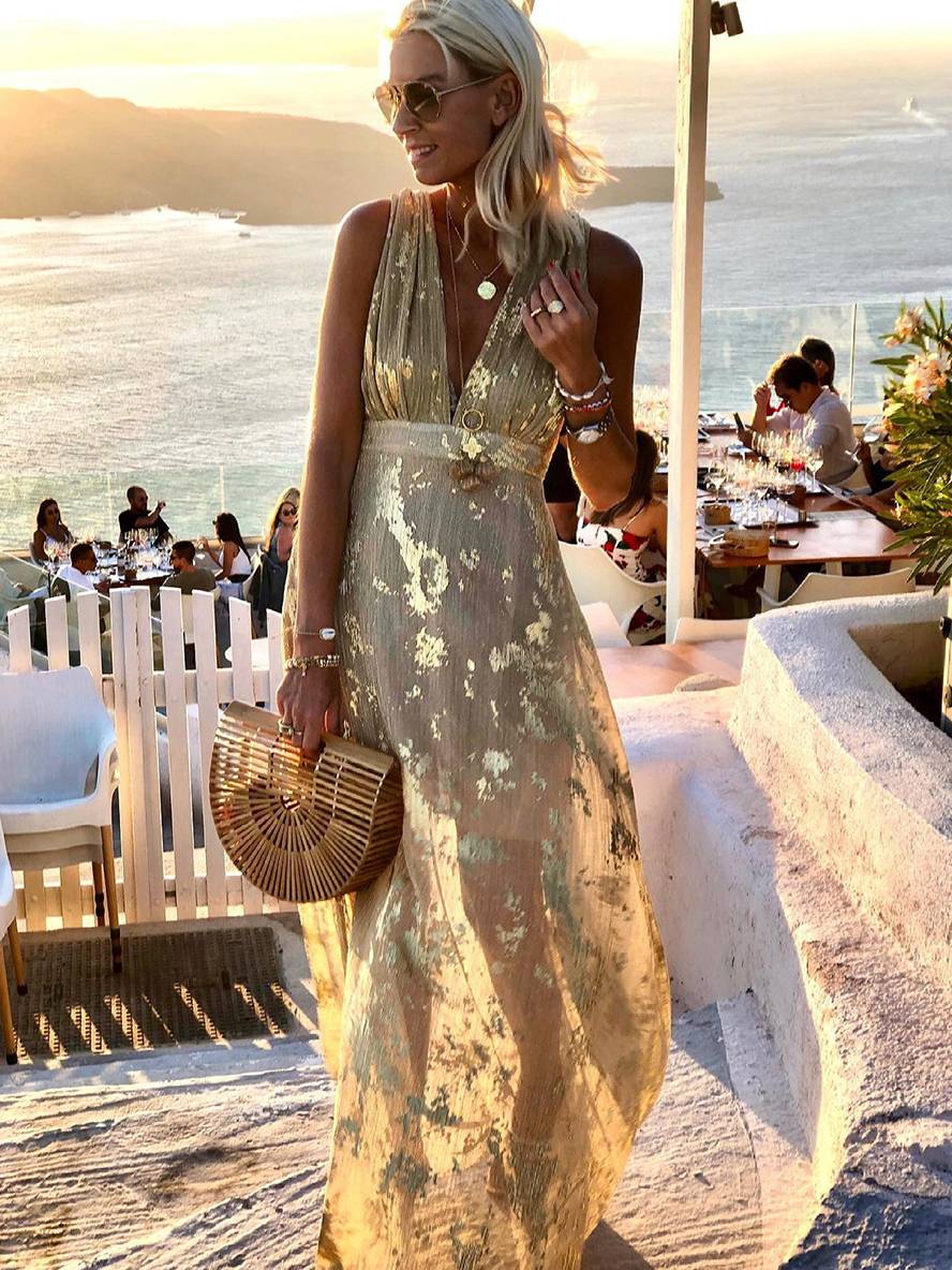 Long Dress Bronze Glossy Sequins V-Neck Sleeveless Elegant Evening Dress Beach