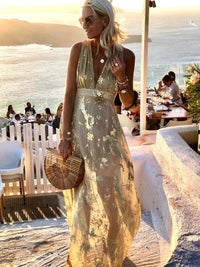 Long Dress Bronze Glossy Sequins V-Neck Sleeveless Elegant Evening Dress Beach