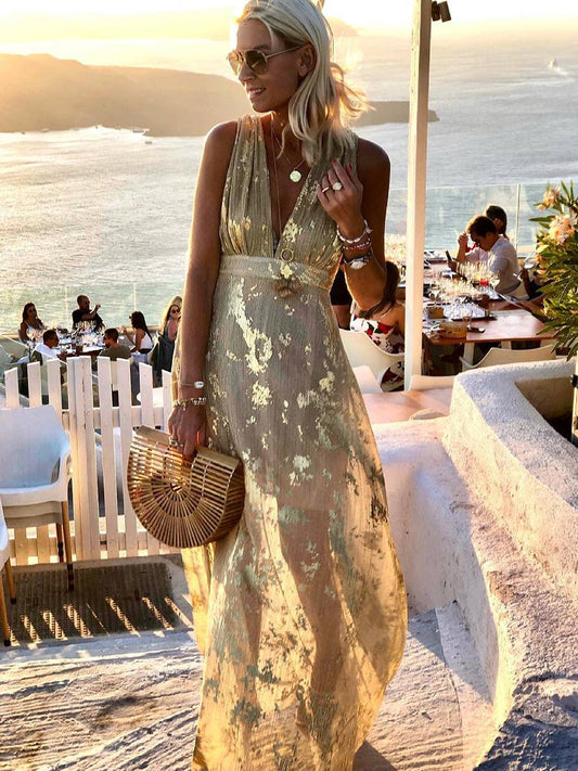 Long Dress Bronze Glossy Sequins V-Neck Sleeveless Elegant Evening Dress Beach