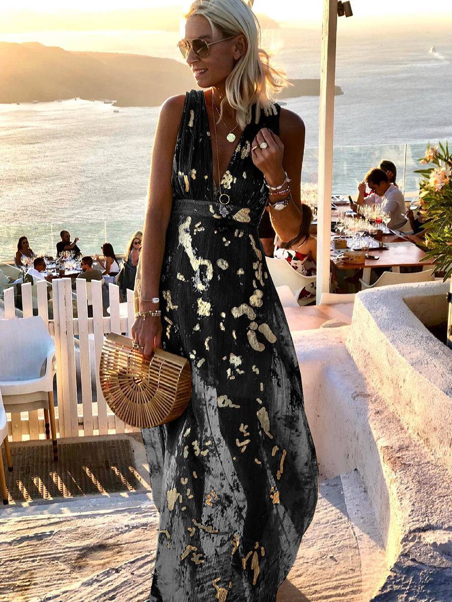 Long Dress Bronze Glossy Sequins V-Neck Sleeveless Elegant Evening Dress Beach