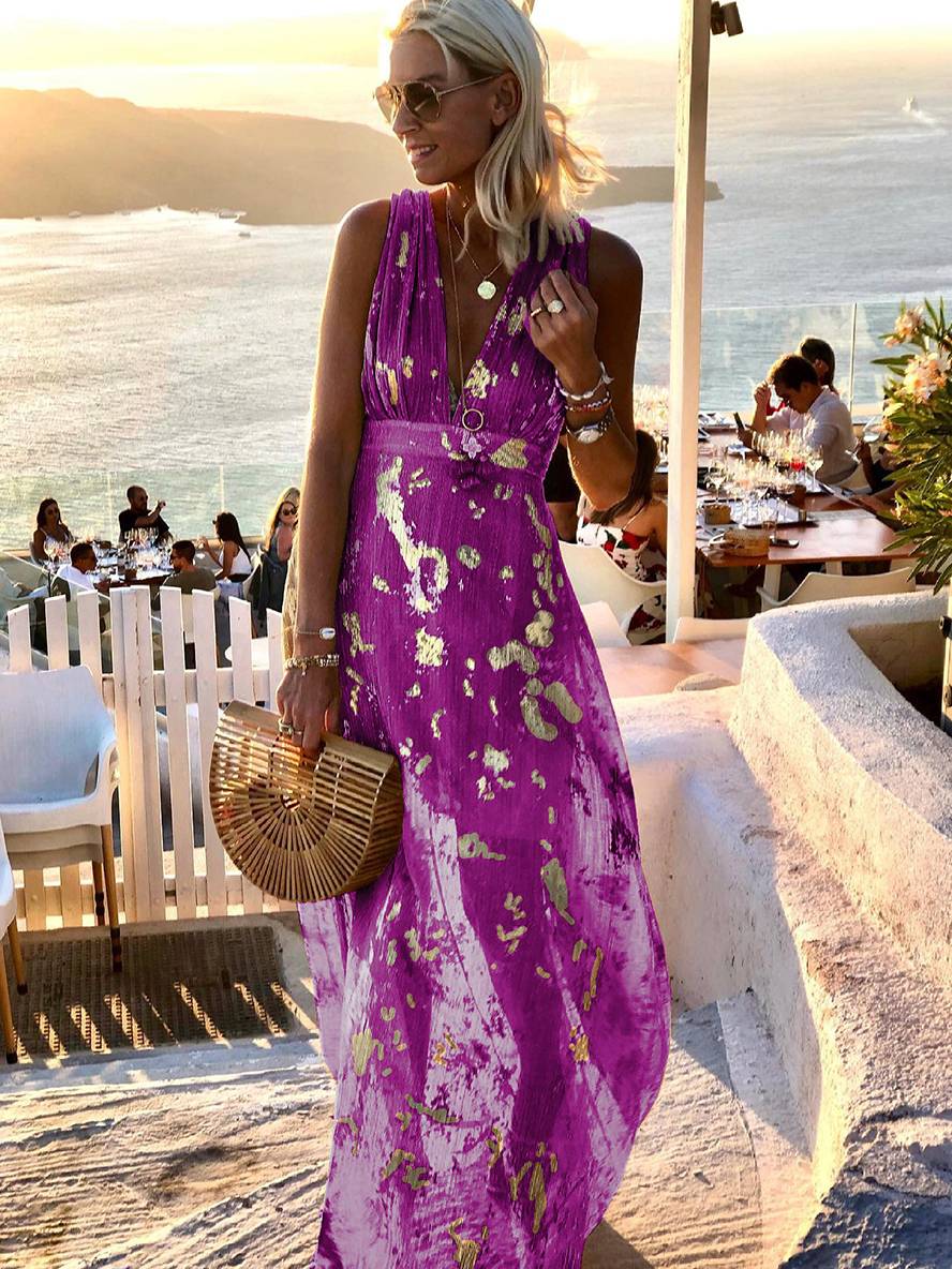 Long Dress Bronze Glossy Sequins V-Neck Sleeveless Elegant Evening Dress Beach