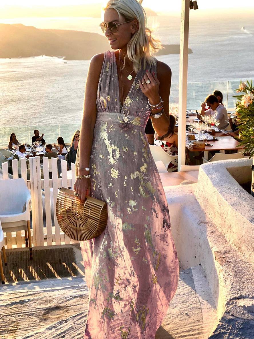 Long Dress Bronze Glossy Sequins V-Neck Sleeveless Elegant Evening Dress Beach