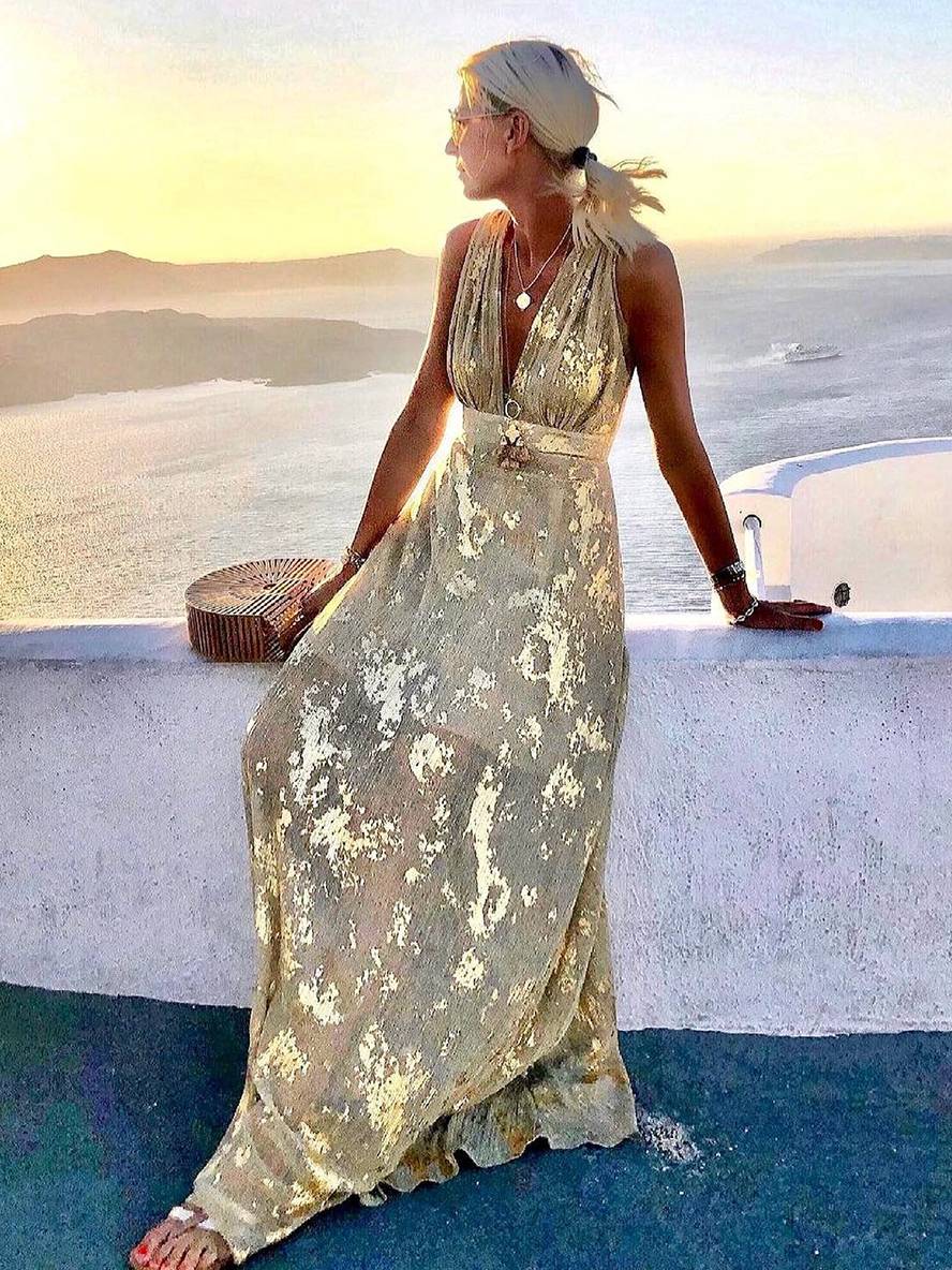 Long Dress Bronze Glossy Sequins V-Neck Sleeveless Elegant Evening Dress Beach