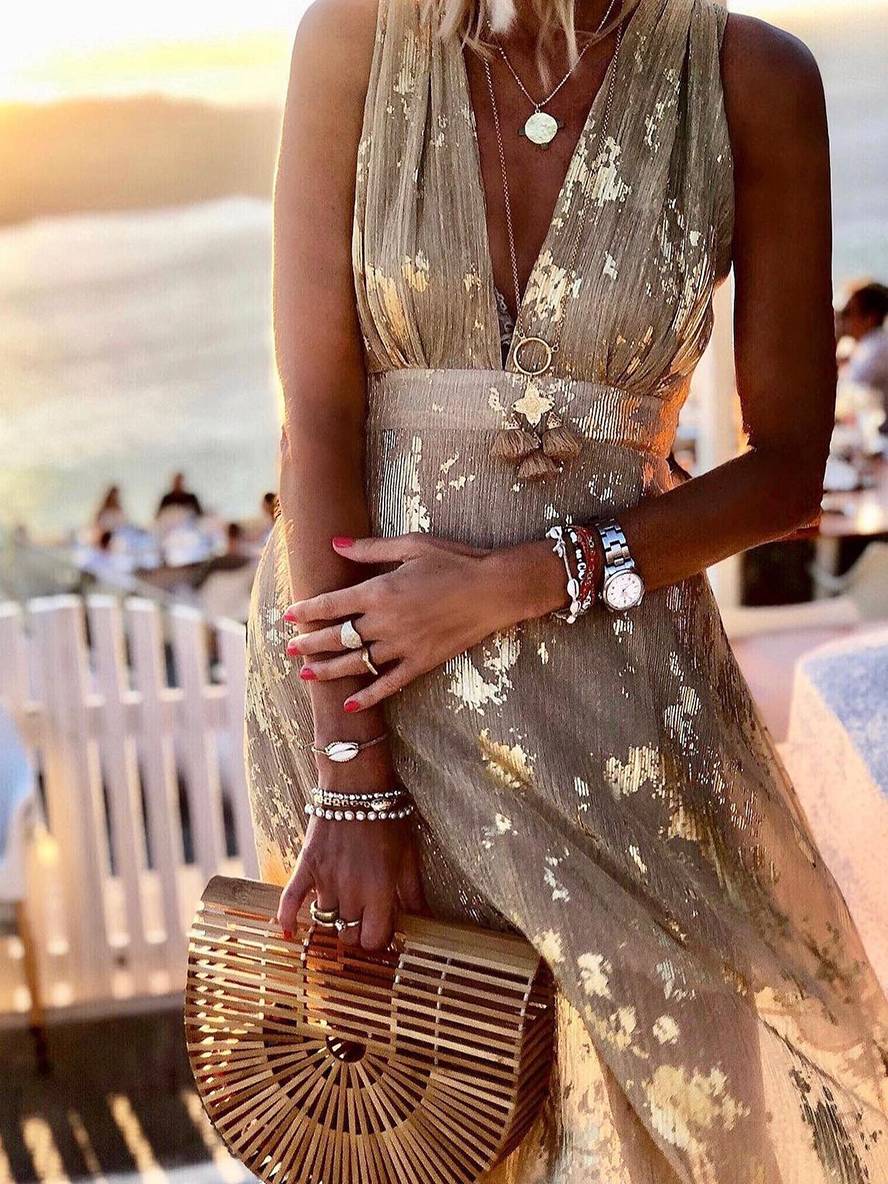 Long Dress Bronze Glossy Sequins V-Neck Sleeveless Elegant Evening Dress Beach