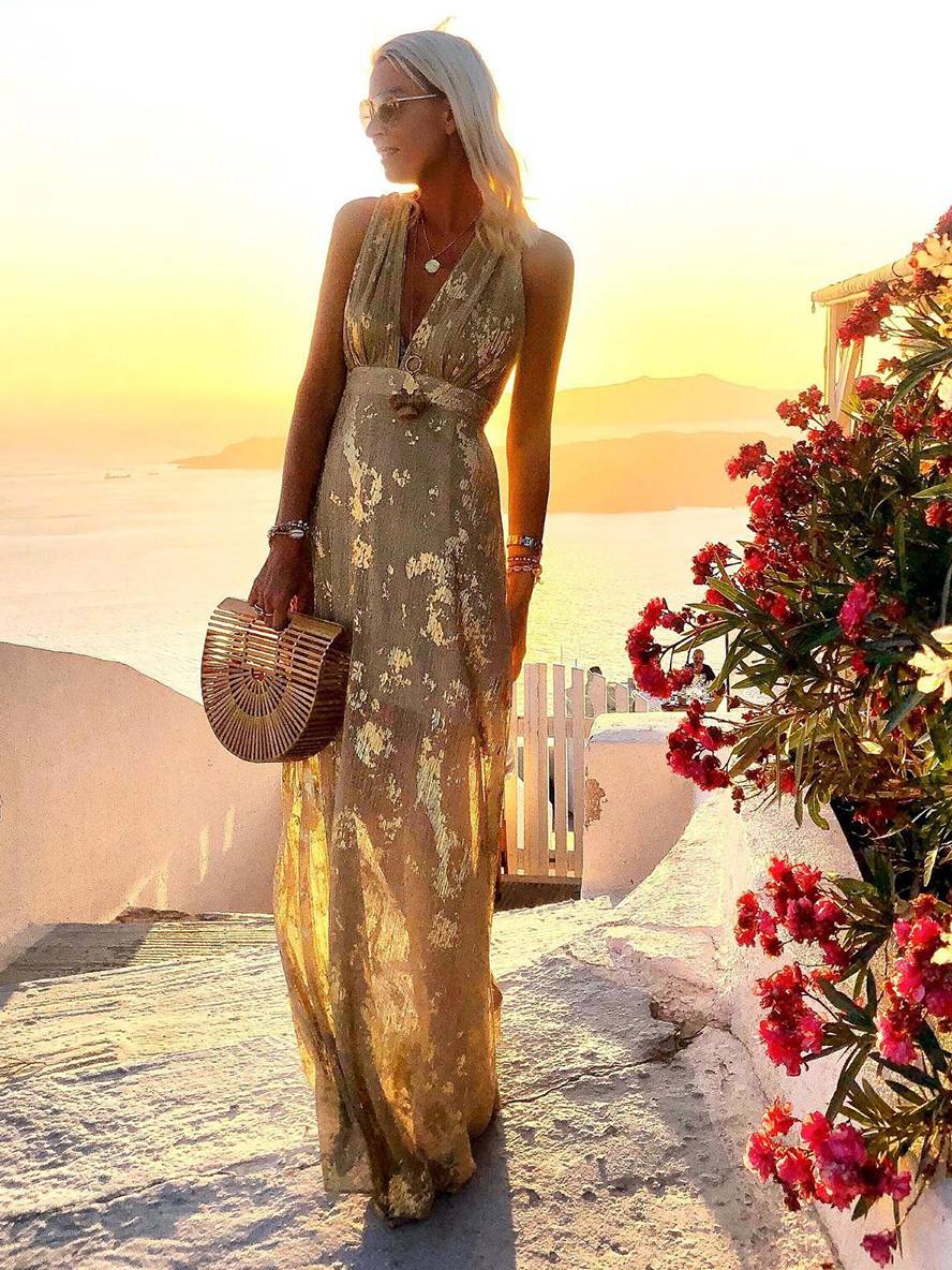 Long Dress Bronze Glossy Sequins V-Neck Sleeveless Elegant Evening Dress Beach