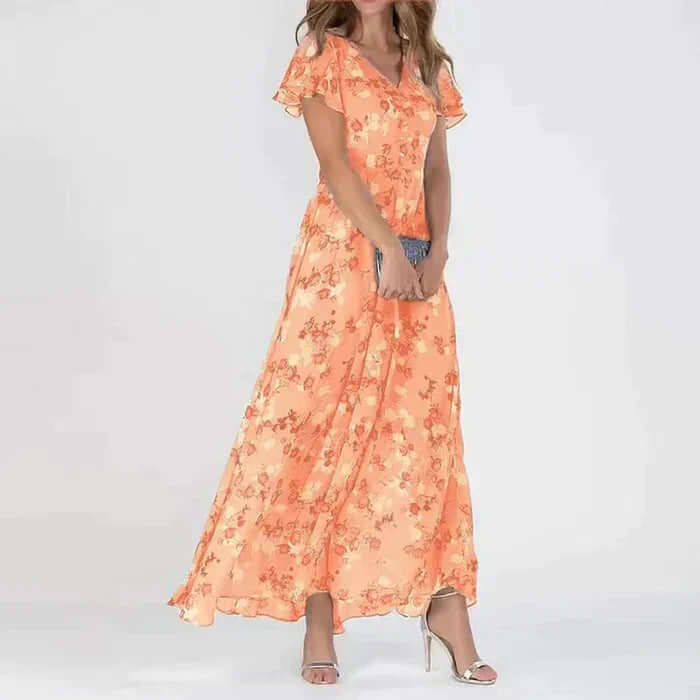 Long Summer Dress with Floral Pattern and Flattering Fit