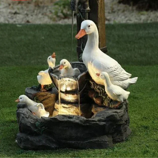 Lunaverde Solar Deco Fountain Duck & Squirrel | Garden Figure with LED Light | Weatherproof Resin | For Terrace & Balcony