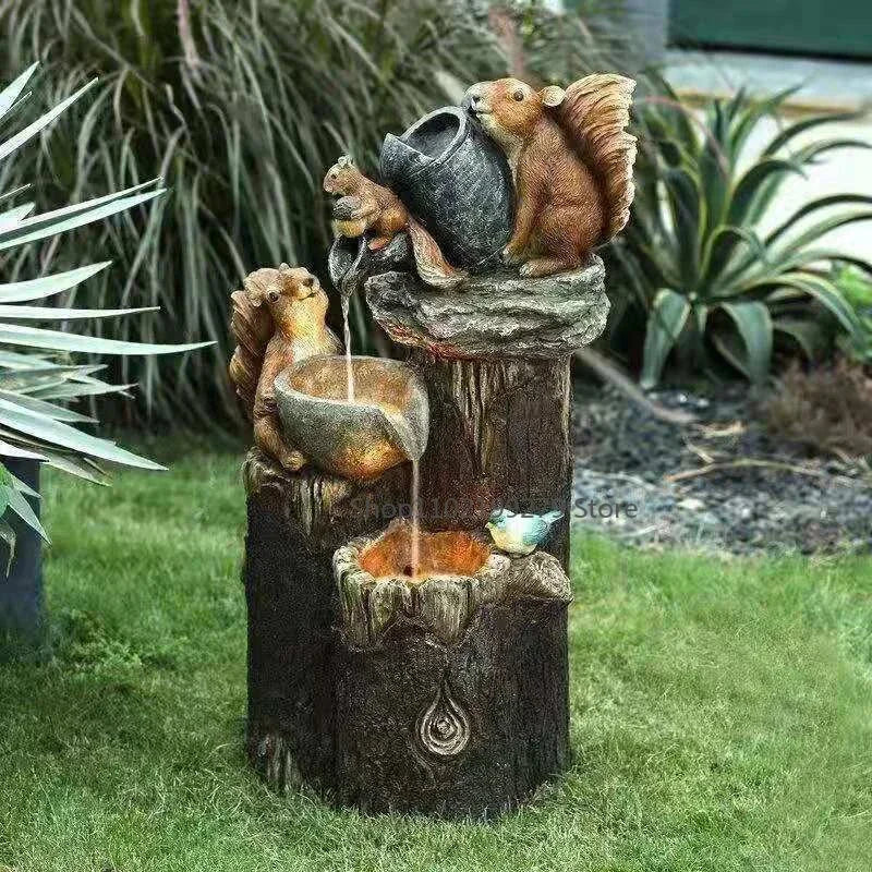 Lunaverde Solar Deco Fountain Duck & Squirrel | Garden Figure with LED Light | Weatherproof Resin | For Terrace & Balcony