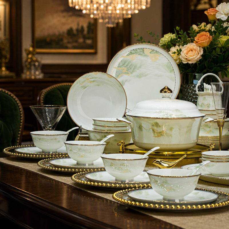 Luxury Porcelain Dinnerware Set with Gold Rim