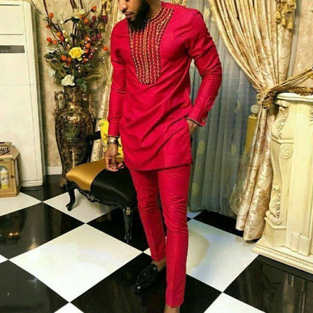 Men's Dashiki Set: Traditional Long Sleeve and Slim Fit Pants