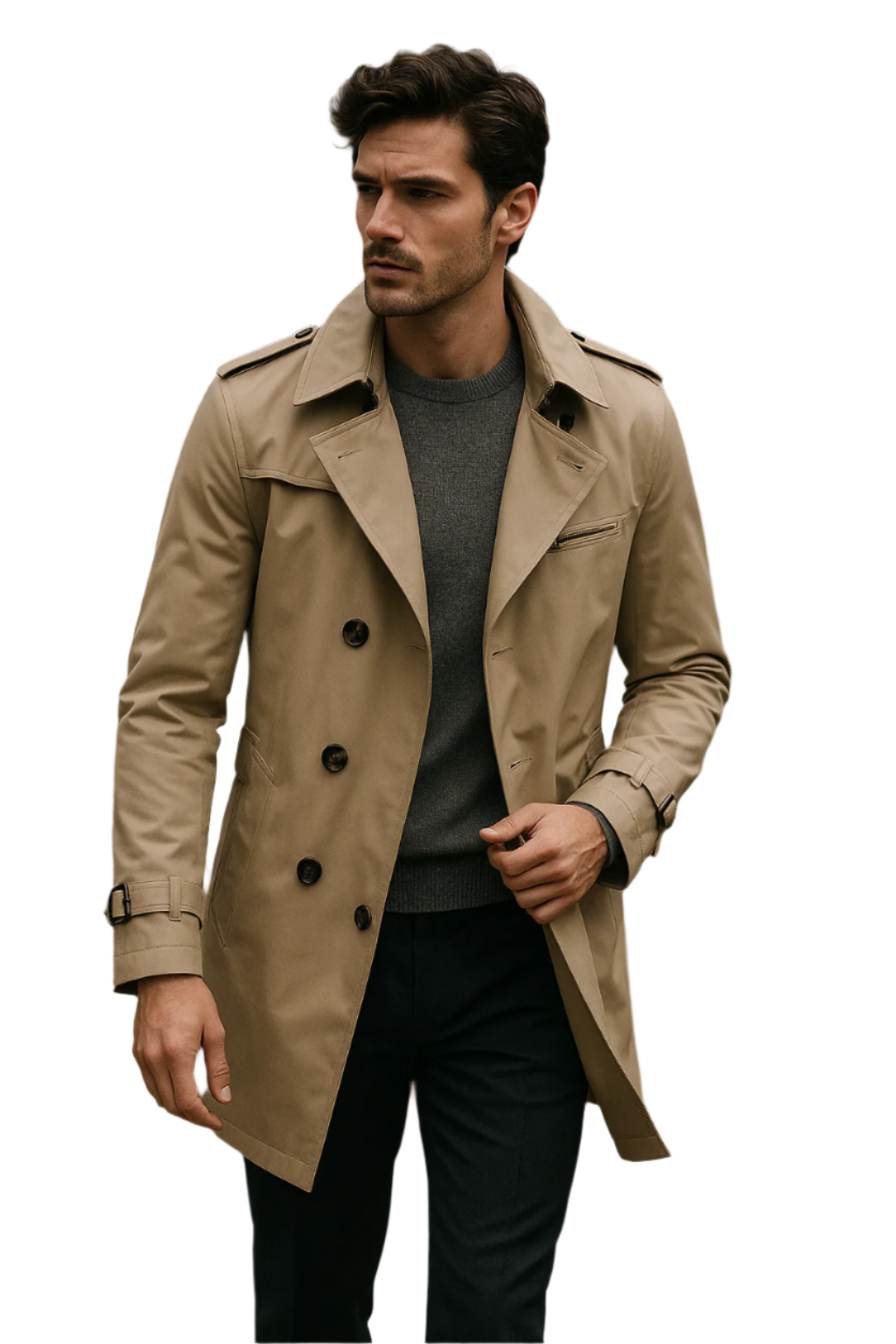 Men's Double-Breasted Trench Coat with Structured Fit