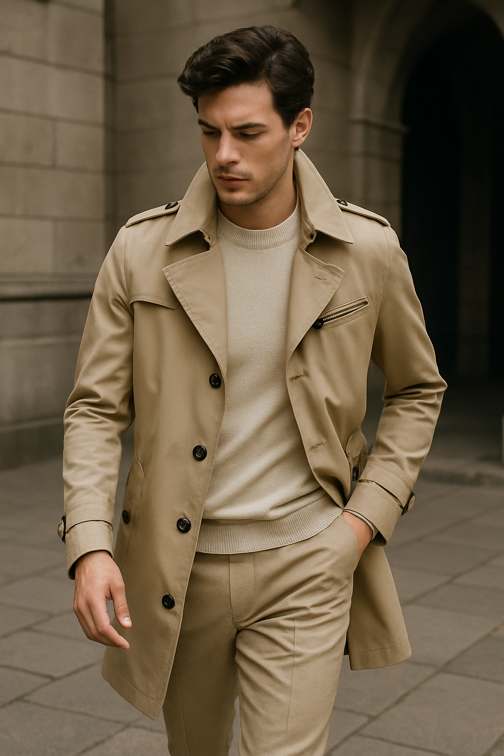 Men's Double-Breasted Trench Coat with Structured Fit