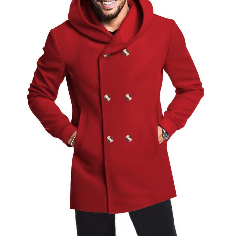 Men's fashionable coat with hood and double button placket