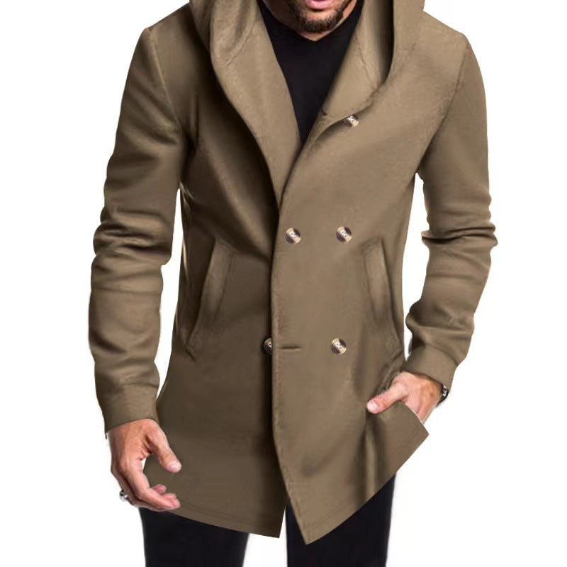 Men's fashionable coat with hood and double button placket
