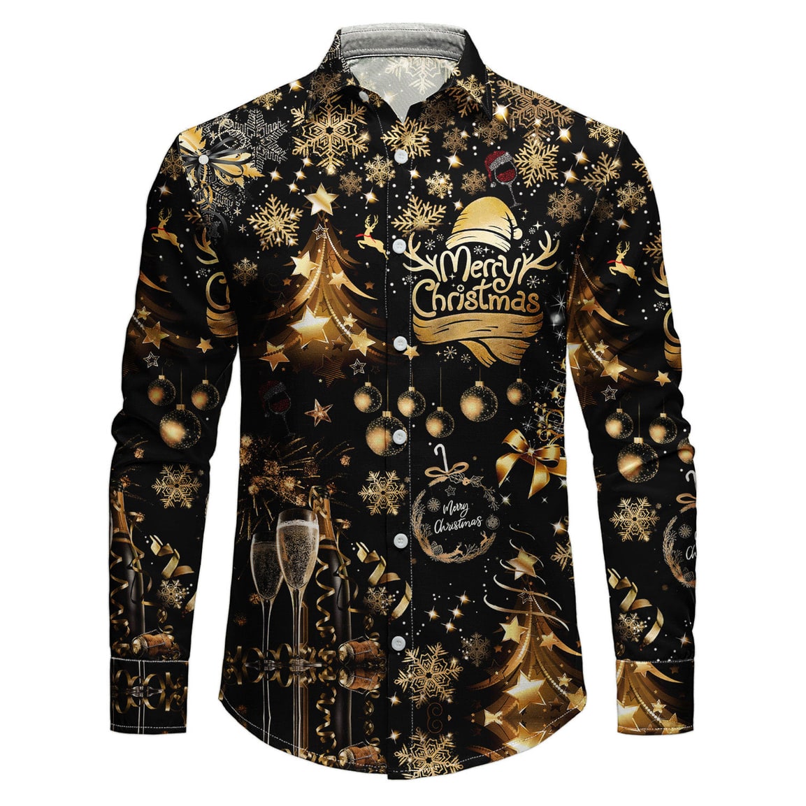 Men's Funny Holiday Print Christmas Shirt with Spread Collar and White Button-Up Front
