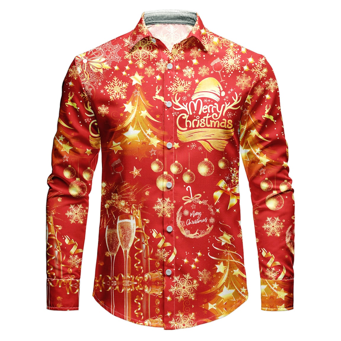 Men's Funny Holiday Print Christmas Shirt with Spread Collar and White Button-Up Front