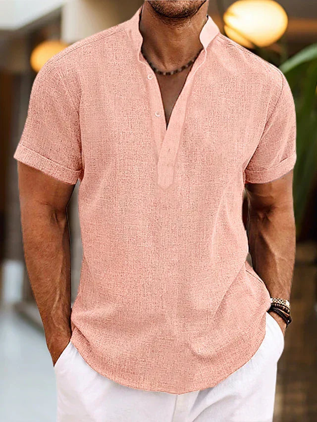 Men's Shirt - Breathable Summer Shirt with Henley Collar and Short Sleeves