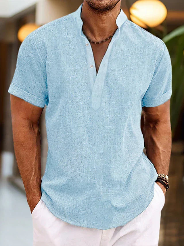 Men's Shirt - Breathable Summer Shirt with Henley Collar and Short Sleeves