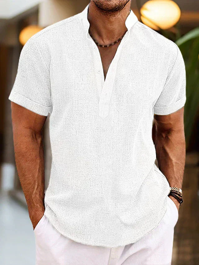 Men's Shirt - Breathable Summer Shirt with Henley Collar and Short Sleeves