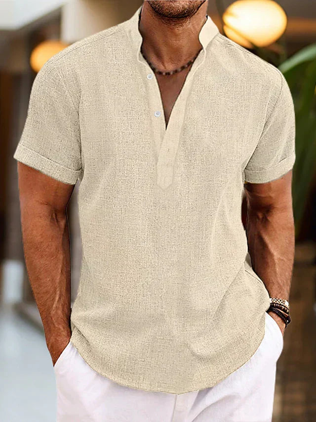 Men's Shirt - Breathable Summer Shirt with Henley Collar and Short Sleeves