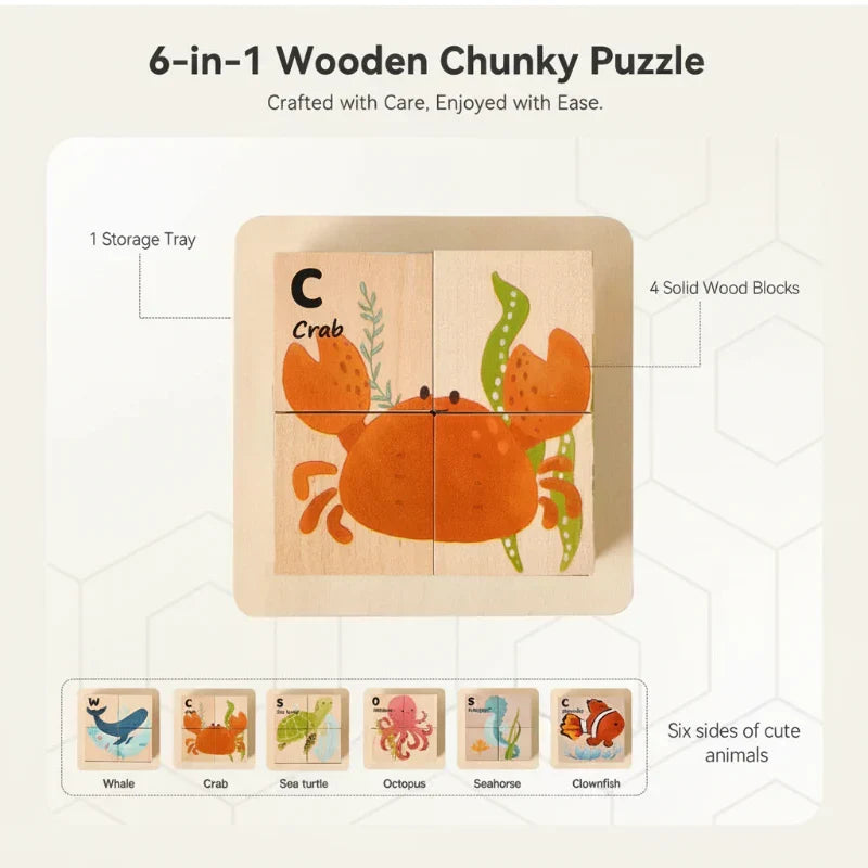 Montessori Animal Wooden Puzzle 6-in-1