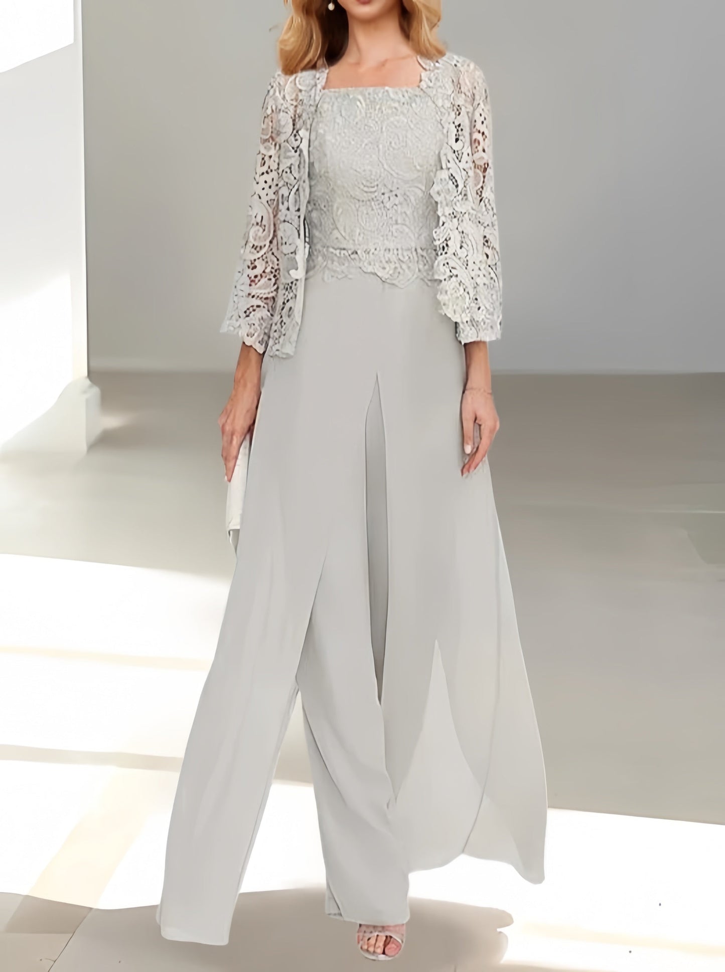 Mother of the Bride Pants Set with Jacket and Side Slit – to Floor in Silver Gray